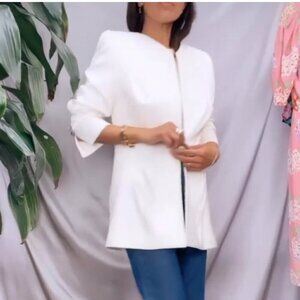 Travilla white silk leaf pattern blazer with rhinestone buttons